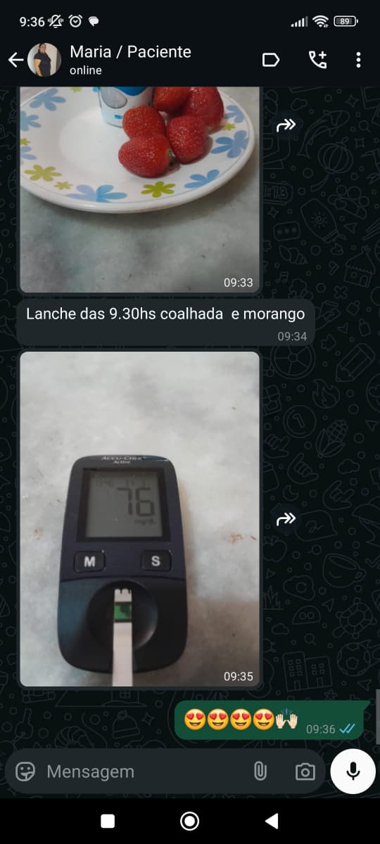 Resultado real de glicemia da paciente Maria: 76 mg/dL após lanche