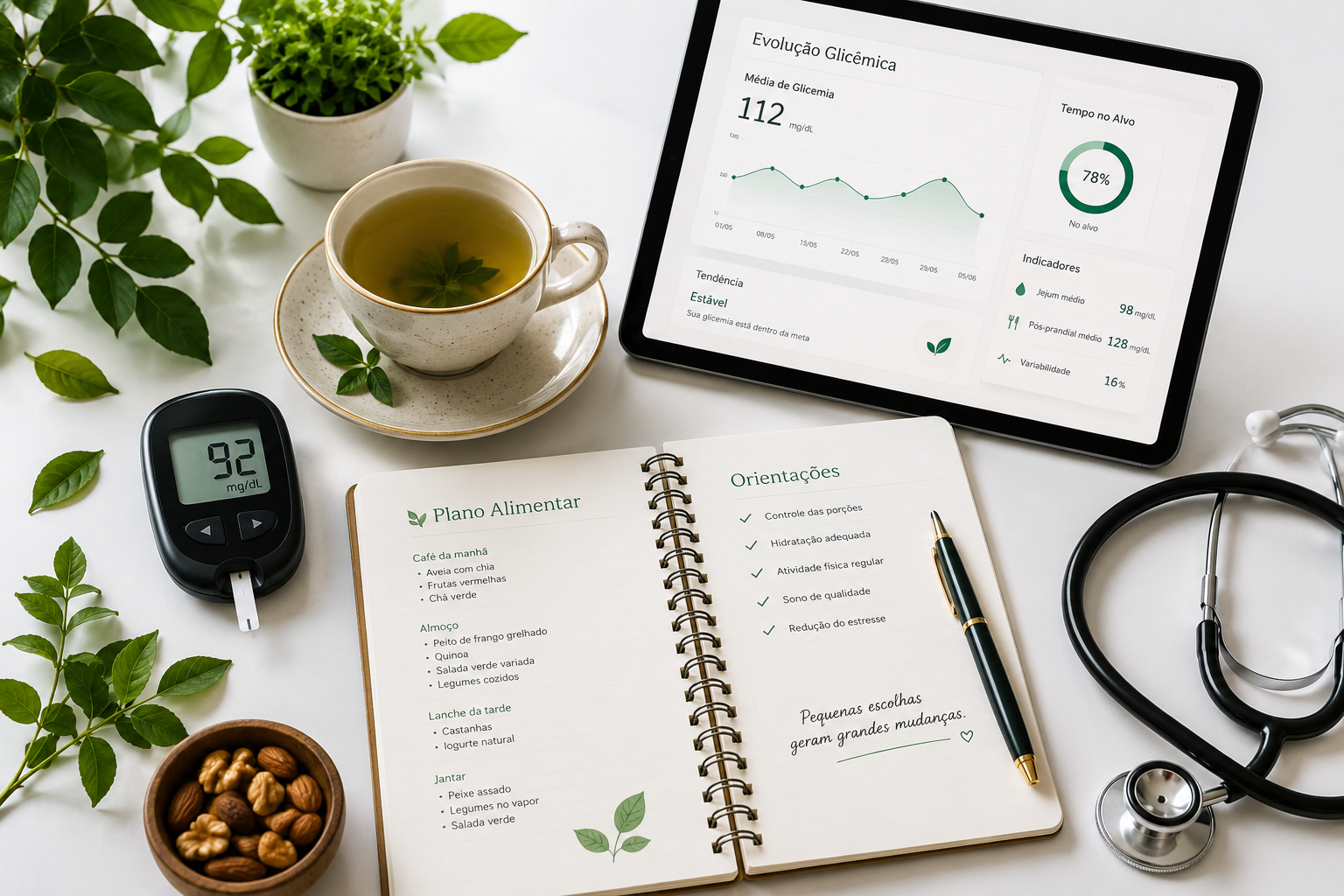 Metodologia do plano: chá natural, plano alimentar, monitoramento glicêmico e acompanhamento